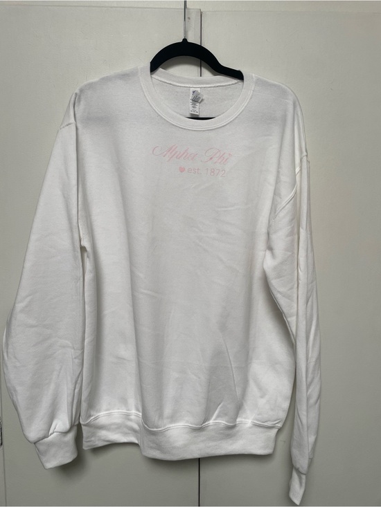 Jerzees Sweaters - Alpha Phi White Crewneck Sweatshirt with Light Pink Script